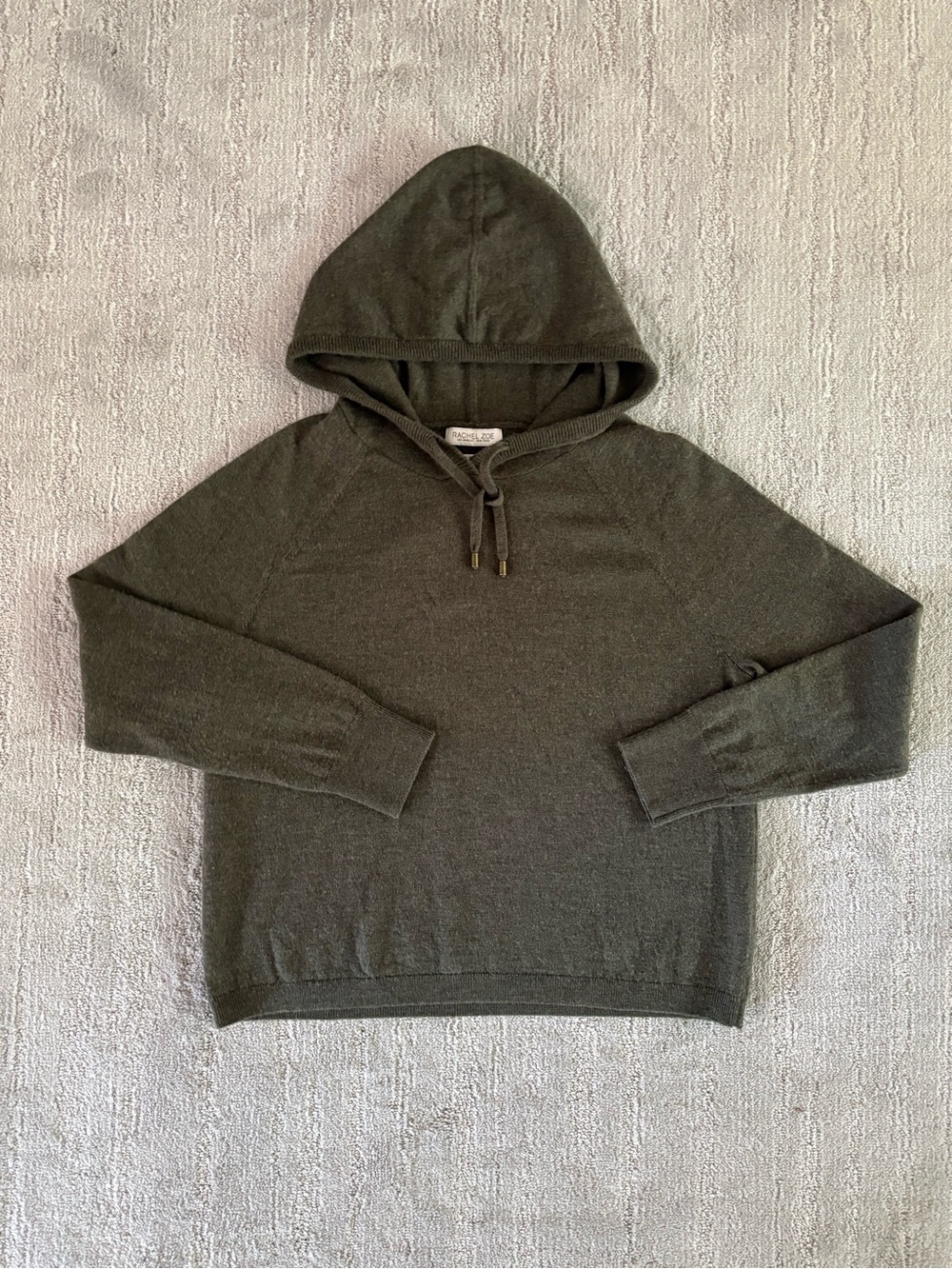 Olive Green Extrafine Merino Wool Knit Pullover Hoodie Sweater by Rachel Zoe S
